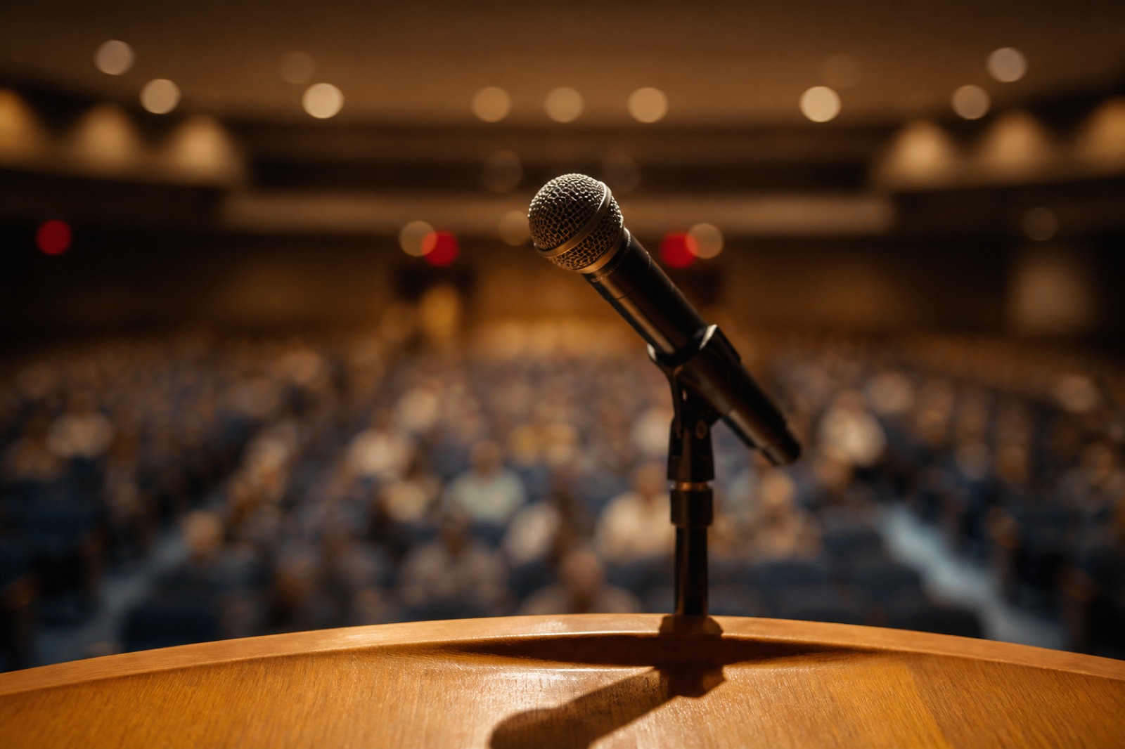 A microphone at a lectern in an empty auditorium