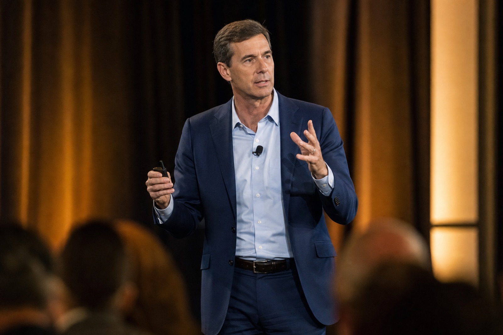 Michael Maslansky delivering a keynote on stage in a navy suit